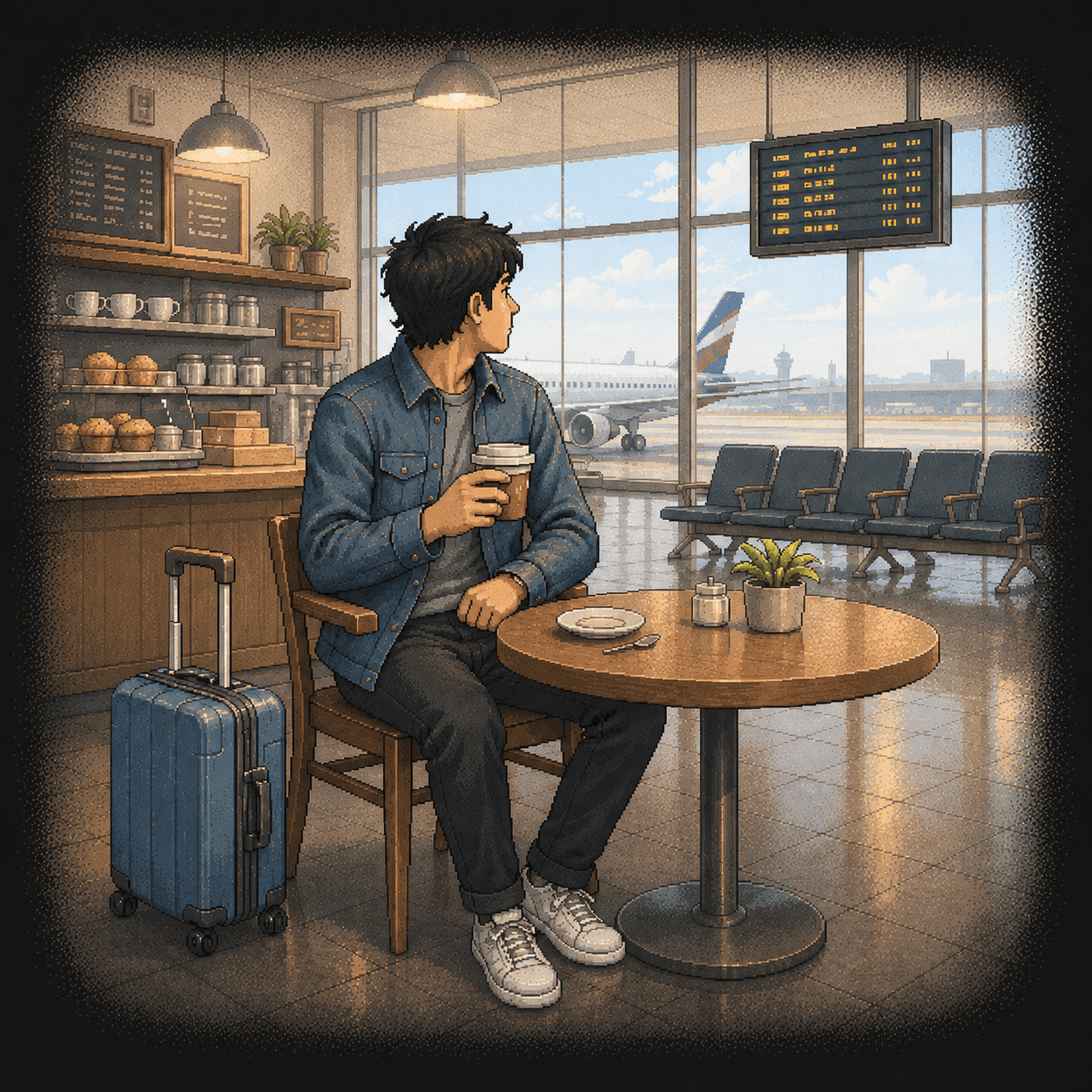 Coffee in hand, the traveller looks over their shoulder at the airport departures board.