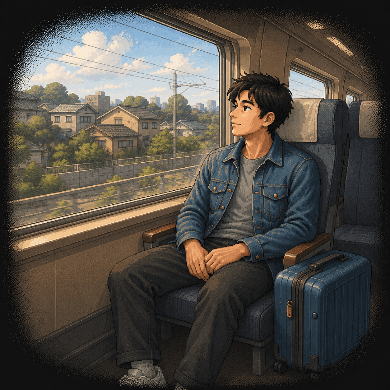 Finally settled on the train home, the traveller looks peacefully out of the window.