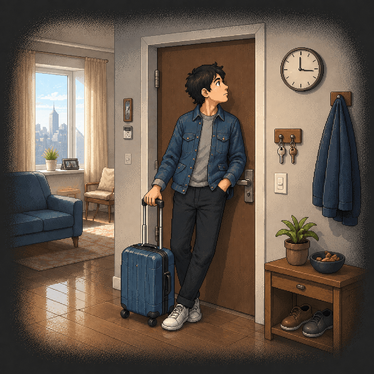 Packed and ready by the front door, the same traveller looks up at the clock.