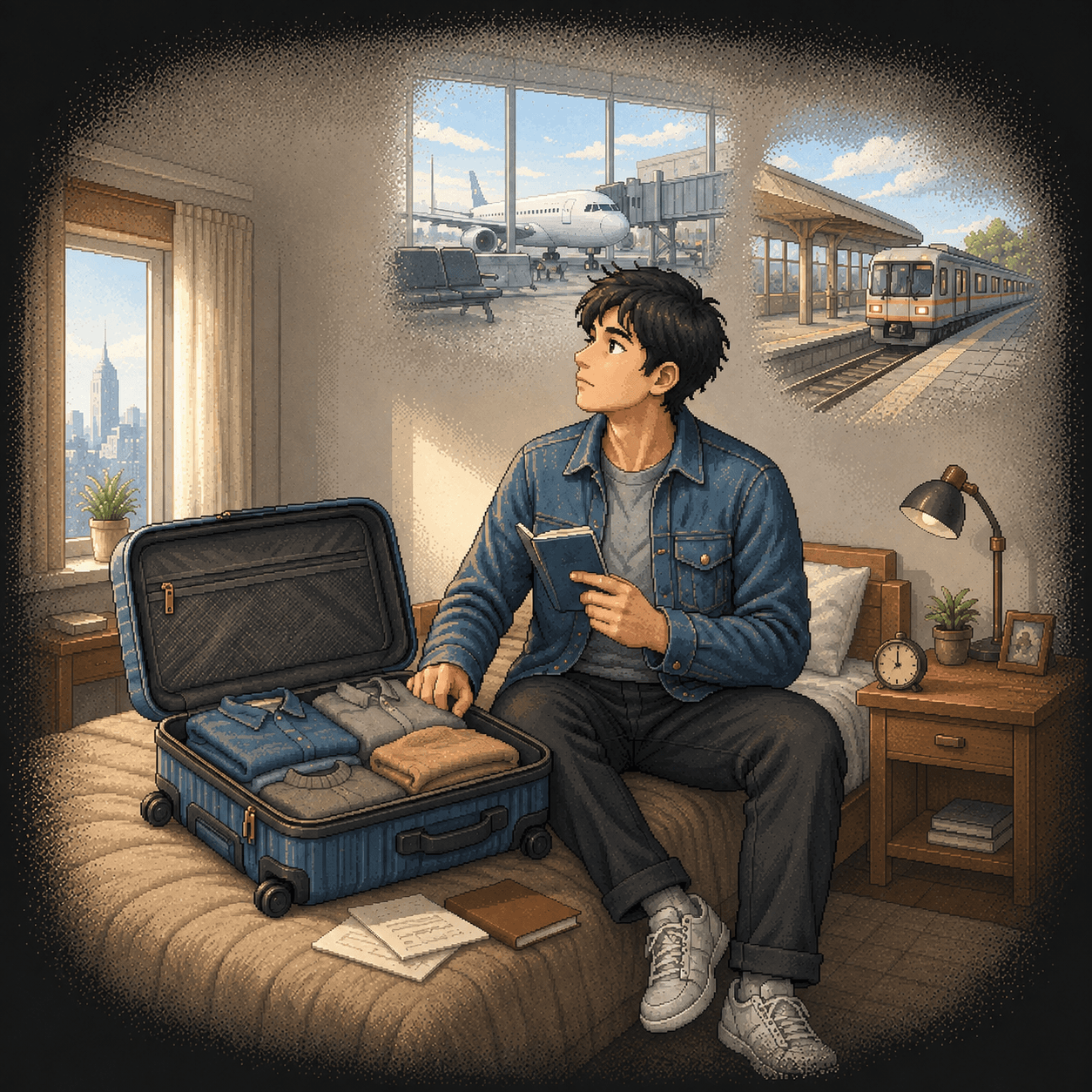 A traveller sits beside an open suitcase, thinking about the airport and the journey home.