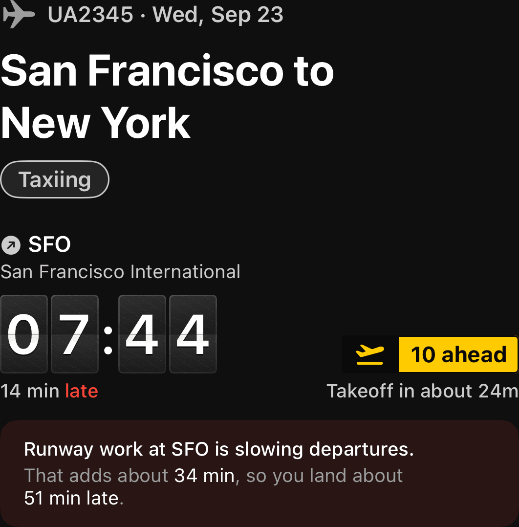 A taxiing flight from San Francisco: 10 ahead in the takeoff line, takeoff in about 24 minutes, runway work adding 34 minutes. Sample data.