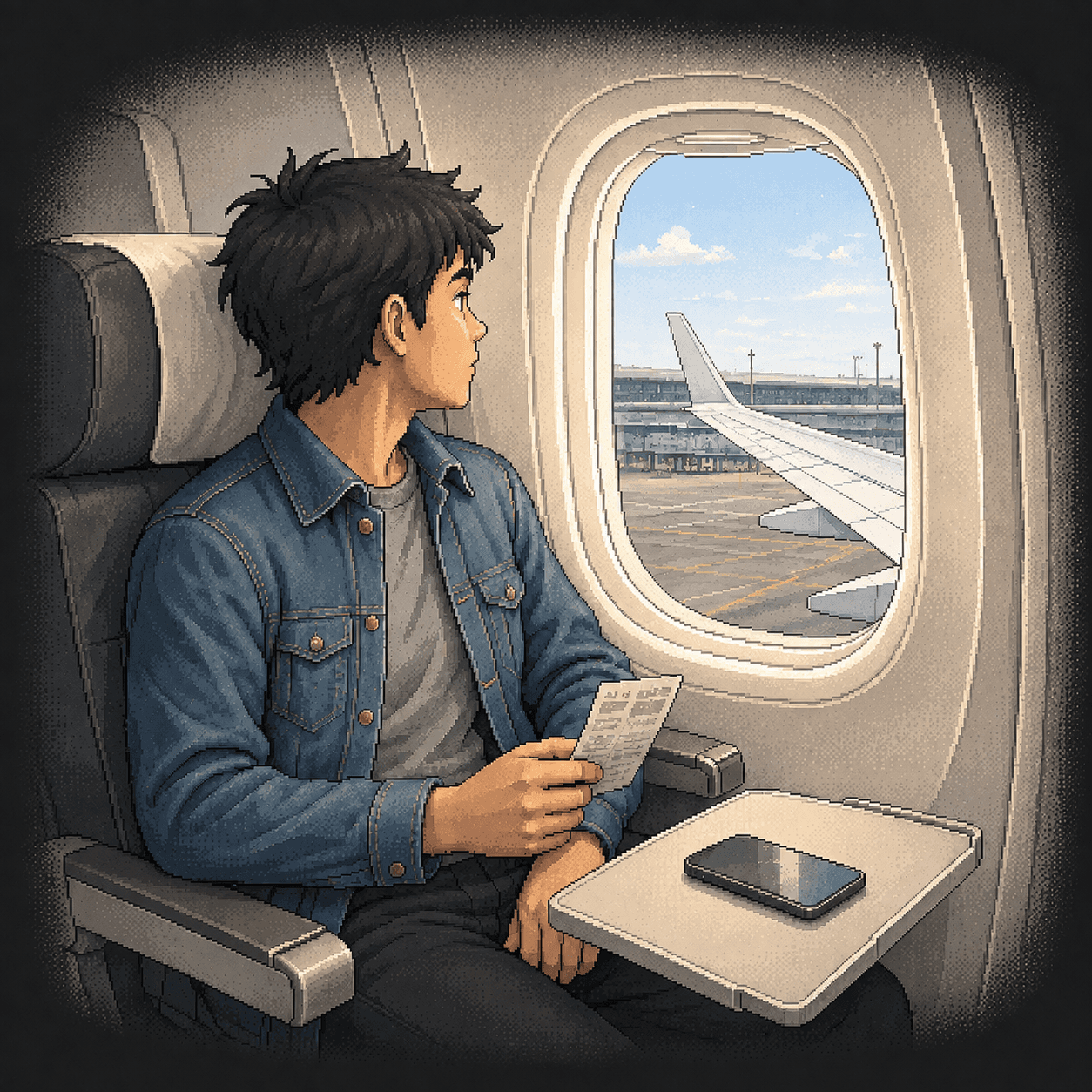 Still on the tarmac, the traveller looks out of the airplane window with an onward train ticket in hand.
