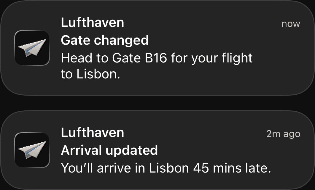 Two Lufthaven notifications: Gate changed, head to Gate B16; Arrival updated, you’ll arrive 45 minutes late. Sample data.